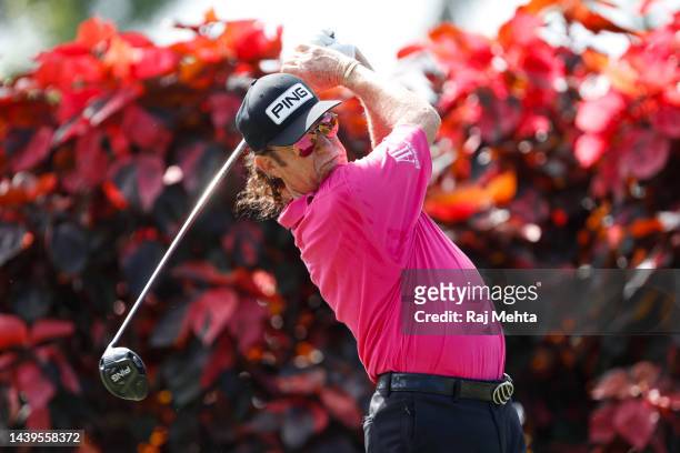 Miguel Angel Jimenez of Spain plays his shot from the sixth tee box during the final round of the TimberTech Championship at Royal Palm Yacht &...