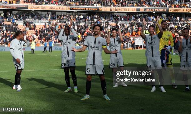 Captain Marquinhos of Paris Saint-Germain celebrate the victory with teammates after the Ligue 1 match between FC Lorient and Paris Saint-Germain at...