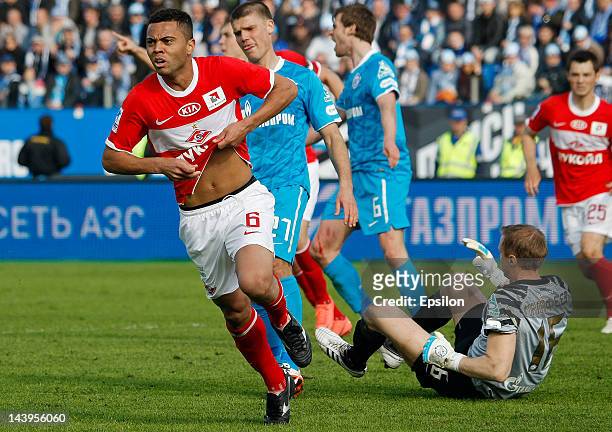 Rafael Carioca of FC Spartak Moscow celebrates his goal during the Russian Football League Championship match between FC Zenit St. Petersburg and FC...