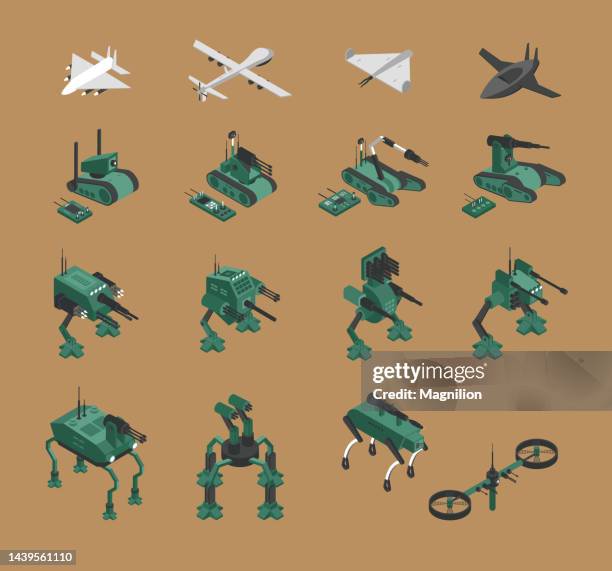 military robots and drones isometric vector set - unmanned combat air vehicle stock illustrations