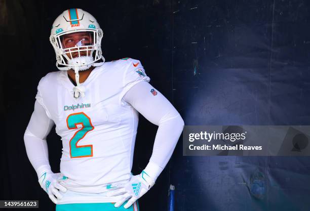 Bradley Chubb of the Miami Dolphins looks on prior to the game against the Chicago Bears at Soldier Field on November 06, 2022 in Chicago, Illinois.