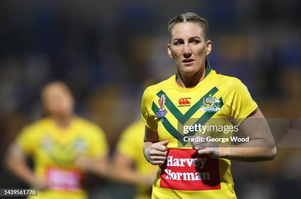Ali Brigginshaw of Australia warms up ahead of the Women's Rugby League World Cup Group B match between Australia Women and France Women at LNER...