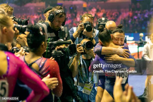 November 6: Jessica Gadirova of Britain is embraced by her twin sister Jennifer Gadirova of Great Britain as she celebrates her gold medal win in the...