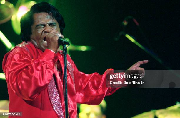 Legendary singer James Brown, known as the 'Godfather of Soul', performs in concert at the 'House of Blues', April 27, 1988 in Hollywood section of...