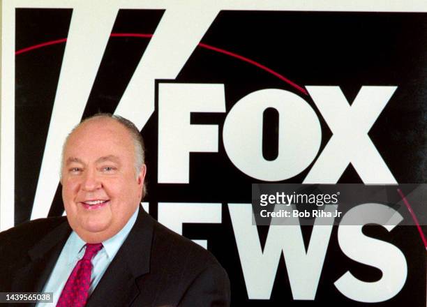 Television executive and Chairman of Fox News Roger Ailes in front of logo of recently launched Fox News Channel at Television Critics Association...