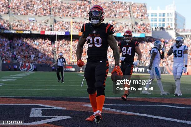 Joe Mixon of the Cincinnati Bengals celebrates after scoring a touchdown during the first half in the game against the Carolina Panthers at Paycor...