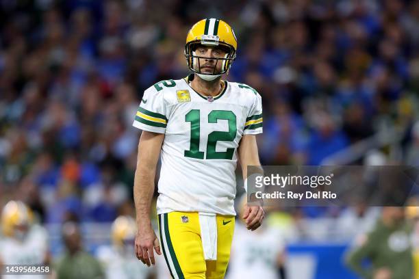Aaron Rodgers of the Green Bay Packers looks on in the first half of a game against the Detroit Lions at Ford Field on November 06, 2022 in Detroit,...
