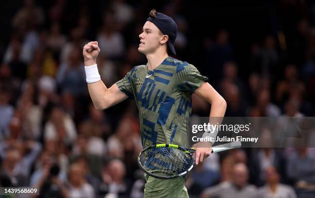 Holger Rune or Denmark celebrates against Novak Djokovic of Serbia in the final during Day Seven of the Rolex Paris Masters tennis at Palais...