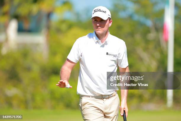 Russell Henley of United States celebrates a birdie on the 6th hole during the final round of the World Wide Technology Championship at Club de Golf...