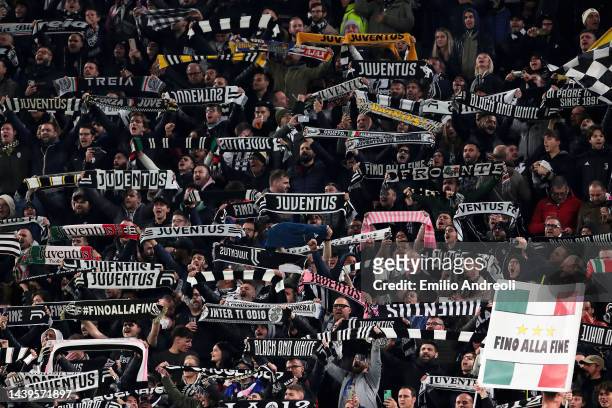 Fans of Juventus show support for their team prior to the Serie A match between Juventus and FC Internazionale at on November 06, 2022 in Turin,...
