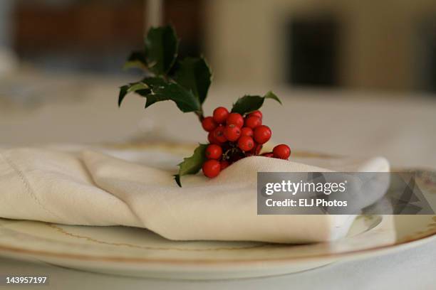 holly berries on linen napkin - farmingville stock pictures, royalty-free photos & images