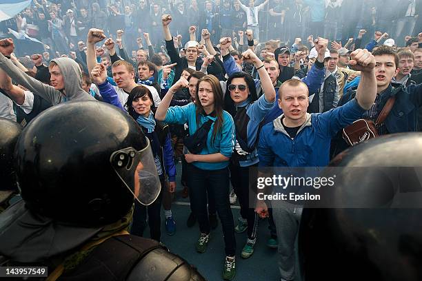 Zenit supporters celebrate their team's championship after the Russian Football League Championship match between FC Zenit St. Petersburg and FC...