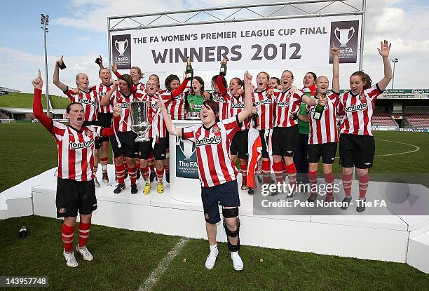 Sunderland Ladies celebrate with the cup after victory in the FA Women's Premier League Cup Final between Sunderland Ladies and Leeds United Ladies...