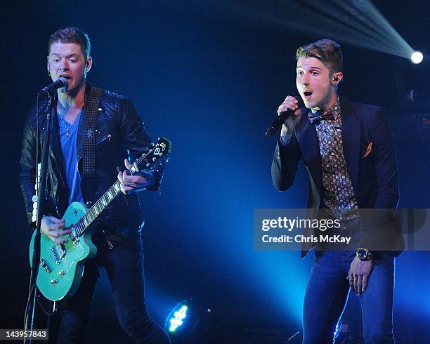 Nash Overstreet and Ryan Follese of Hot Chelle Rae perform at Center Stage on May 5, 2012 in Atlanta, Georgia.
