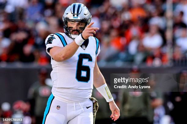 Baker Mayfield of the Carolina Panthers reacts after a play during the third quarter in the game against the Cincinnati Bengals at Paycor Stadium on...