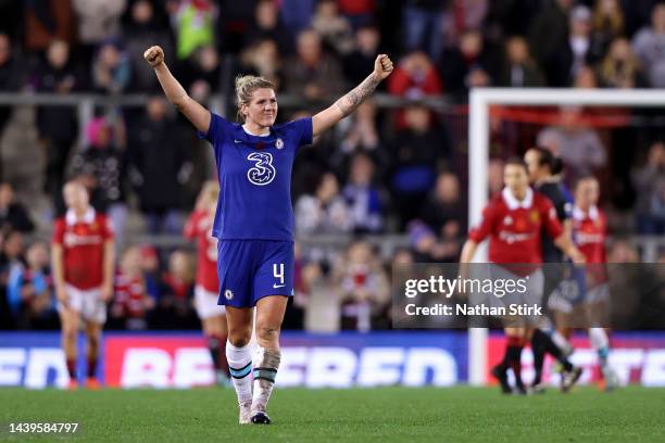 Millie Bright of Chelsea celebrates their side's second third goal during the FA Women's Super League match between Manchester United and Chelsea at...