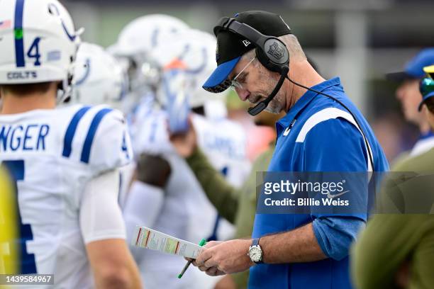 Head coach Frank Reich of the Indianapolis Colts looks on during the second half of a game against the New England Patriots at Gillette Stadium on...