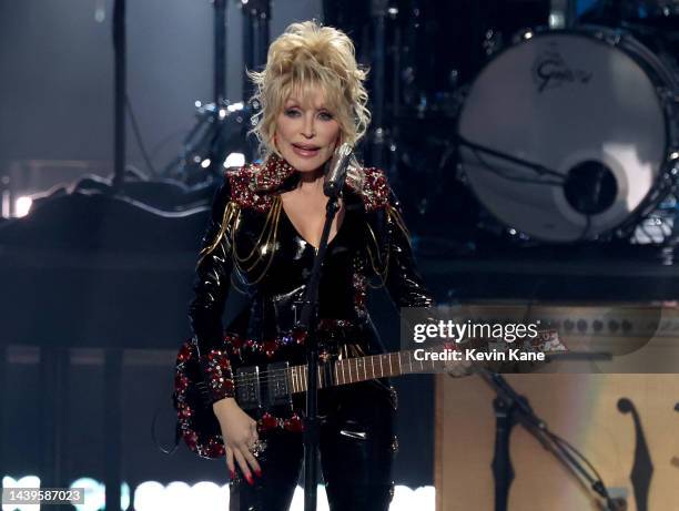 Dolly Parton performs onstage during the 37th Annual Rock & Roll Hall of Fame Induction Ceremony at Microsoft Theater on November 05, 2022 in Los...