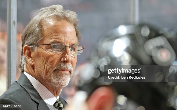 Head Coach of the Philadelphia Flyers John Tortorella watches the play on the ice during the first period against the Carolina Hurricanes at the...