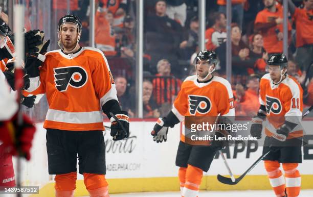 Kevin Hayes of the Philadelphia Flyers celebrates a second period goal with teammates on the bench against the Carolina Hurricanes at the Wells Fargo...