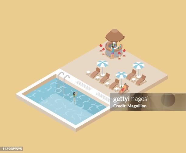 swimming pool with bar isometric vector - bar area stock illustrations