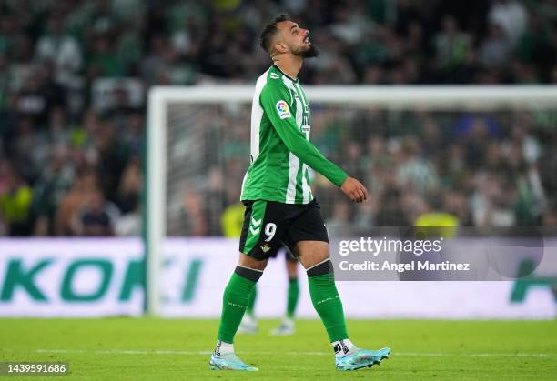 Borja Iglesias of Real Betis leaves the field after receiving a red card from Referee Jose Maria Sanchez Martinez during the LaLiga Santander match...