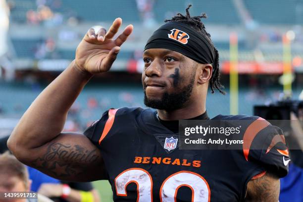 Joe Mixon of the Cincinnati Bengals walks off the field after a win over the Carolina Panthers at Paycor Stadium on November 06, 2022 in Cincinnati,...