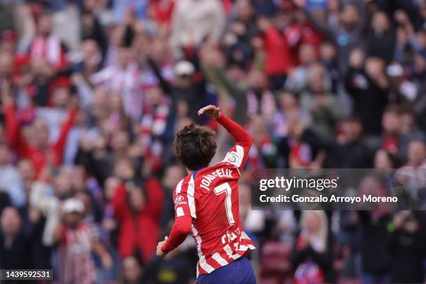 Joao Felix of Atletico de Madrid celebrates scoring their opening goal during the LaLiga Santander match between Atletico de Madrid and RCD Espanyol...