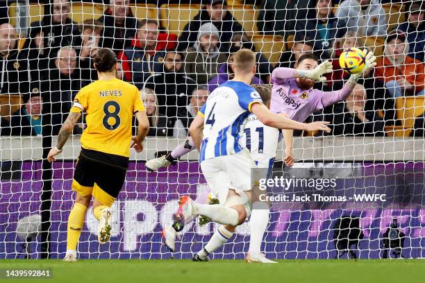 Jose Sa of Wolverhampton Wanderers makes a save during the Premier League match between Wolverhampton Wanderers and Brighton & Hove Albion at...