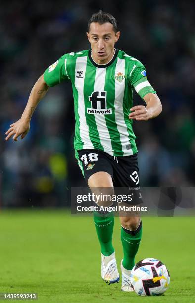 Andres Guardado of Real Betis runs with the ball during the LaLiga Santander match between Real Betis and Sevilla FC at Estadio Benito Villamarin on...