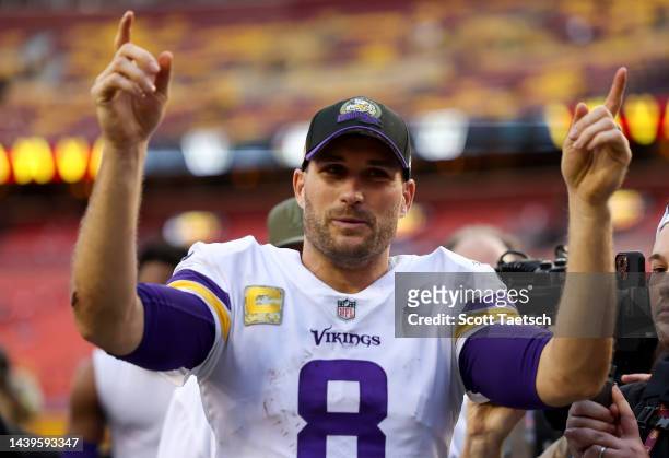 Kirk Cousins of the Minnesota Vikings celebrates after the Wikings defeated the Washington Commanders 20-17 at FedExField on November 06, 2022 in...