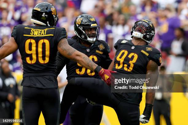 Jonathan Allen of the Washington Commanders reacts after a play in the third quarter of the game against the Minnesota Vikings at FedExField on...