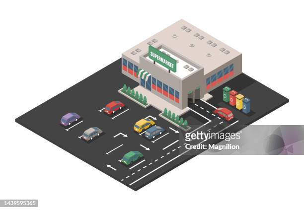 supermarket with parking isometric vector - car park stock illustrations