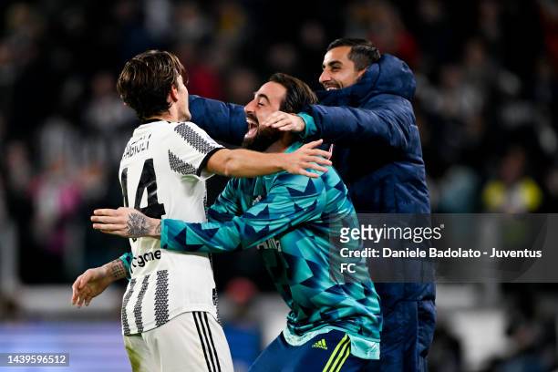 Nicolo Fagioli of Juventus celebrates after scoring his team's second goal with teammates Carlo Pinsoglio and Mattia Perin during the Serie A match...