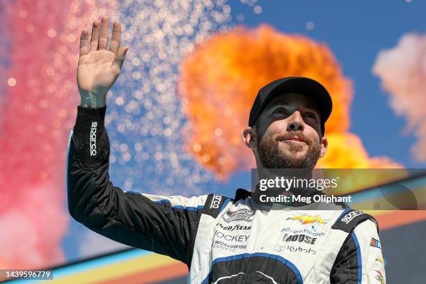 Ross Chastain, driver of the Worldwide Express/Advent Health Chevrolet, waves to fans onstage during the Championship 4 driver intros prior to the...