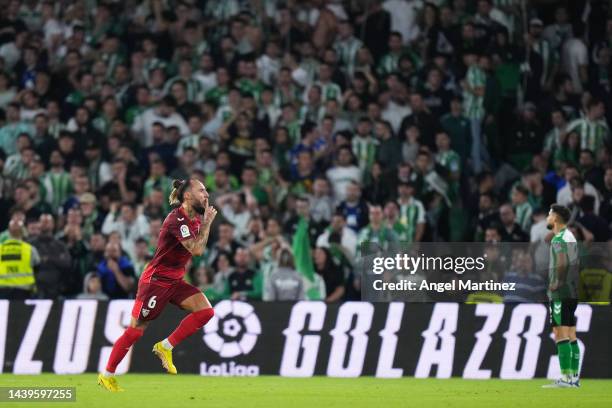 Nemanja Gudelj of Sevilla FC celebrates after scoring their team's first goal during the LaLiga Santander match between Real Betis and Sevilla FC at...