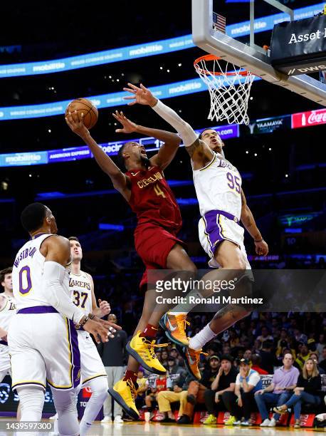 Evan Mobley of the Cleveland Cavaliers takes a shot against in the first quarter at Crypto.com Arena on November 06, 2022 in Los Angeles, California....