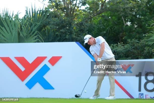 Russell Henley of United States plays his shot from the 18th tee during the final round of the World Wide Technology Championship at Club de Golf El...