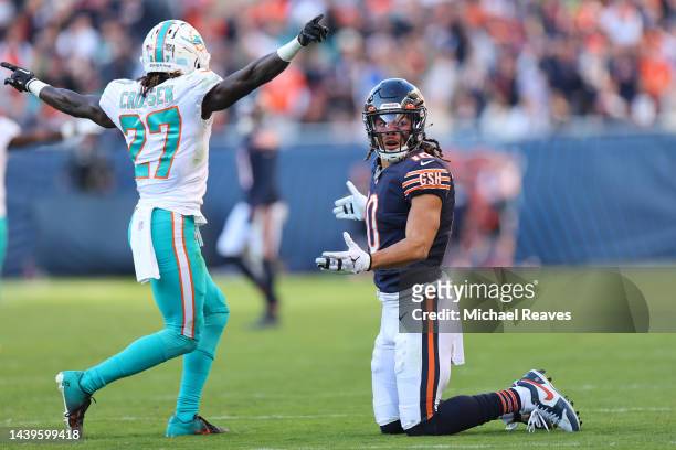 Chase Claypool of the Chicago Bears reacts as a pass is broken up by Keion Crossen of the Miami Dolphins during the fourth quarter at Soldier Field...