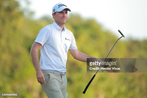 Russell Henley of United States celebrates winning the championship after the final round of the World Wide Technology Championship at Club de Golf...