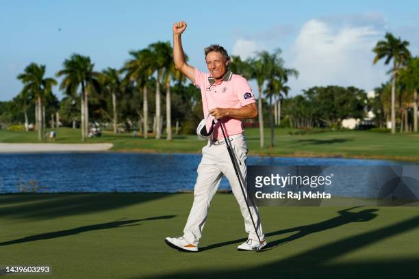 Bernhard Langer of Germany celebrates on the 18th green during the final round of the TimberTech Championship at Royal Palm Yacht & Country Club on...