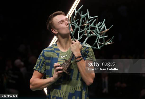 Winner Holger Rune of Denmark during the trophy ceremony after beating Novak Djokovic of Serbia in the final during day 7 of the Rolex Paris Masters...