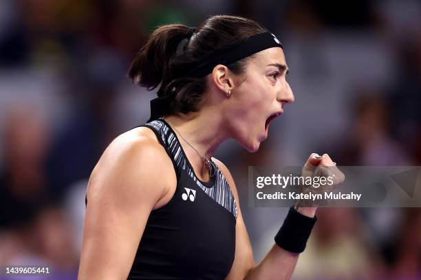 Caroline Garcia of France celebrates winning the first set against Maria Sakkari of Greece in their Women's Singles Semifinal match during the 2022...