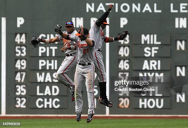 In an all too familiar scene, Baltimore Orioles left fielder Endy Chavez , Baltimore Orioles right fielder Nick Markakis and Baltimore Orioles center...