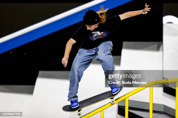 Poe Pinsonof the United States competes during the SLS Super Crown World Championship 2022 women's finals at Carioca Arena on November 06, 2022 in...