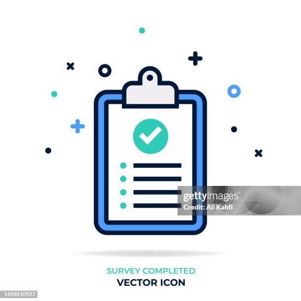 umfrage abgeschlossen, zwischenablage mit poin-checklisten-dokumentsymbol - am ali screening stock-grafiken, -clipart, -cartoons und -symbole