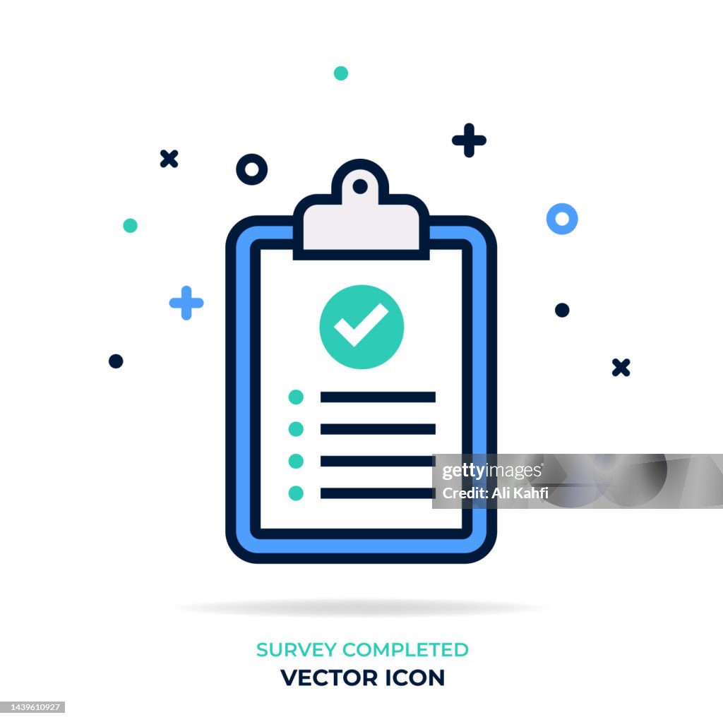Survey complete, clipboard with poin checklist document icon