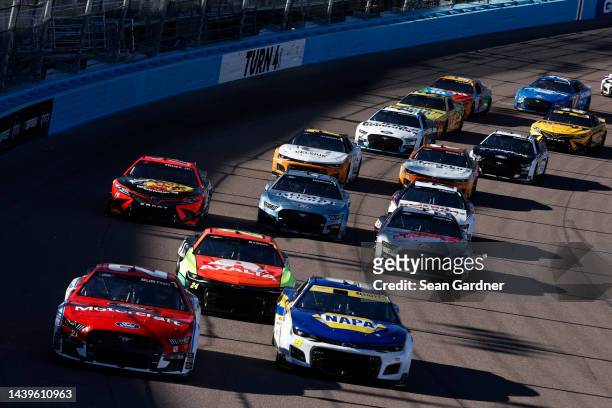 Chase Elliott, driver of the NAPA Auto Parts Chevrolet, Harrison Burton, driver of the Motorcraft/Quick Lane Ford, and William Byron, driver of the...