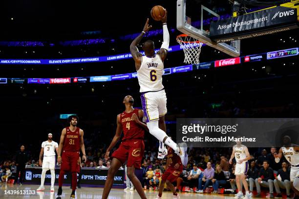 LeBron James of the Los Angeles Lakers takes a shot against the Cleveland Cavaliers in the second half at Crypto.com Arena on November 06, 2022 in...