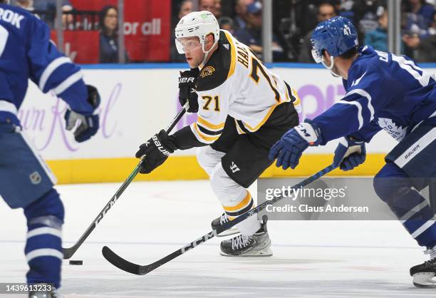 Taylor Hall of the Boston Bruins skates to the attack against the Toronto Maple Leafs during an NHL game at Scotiabank Arena on November 5, 2022 in...